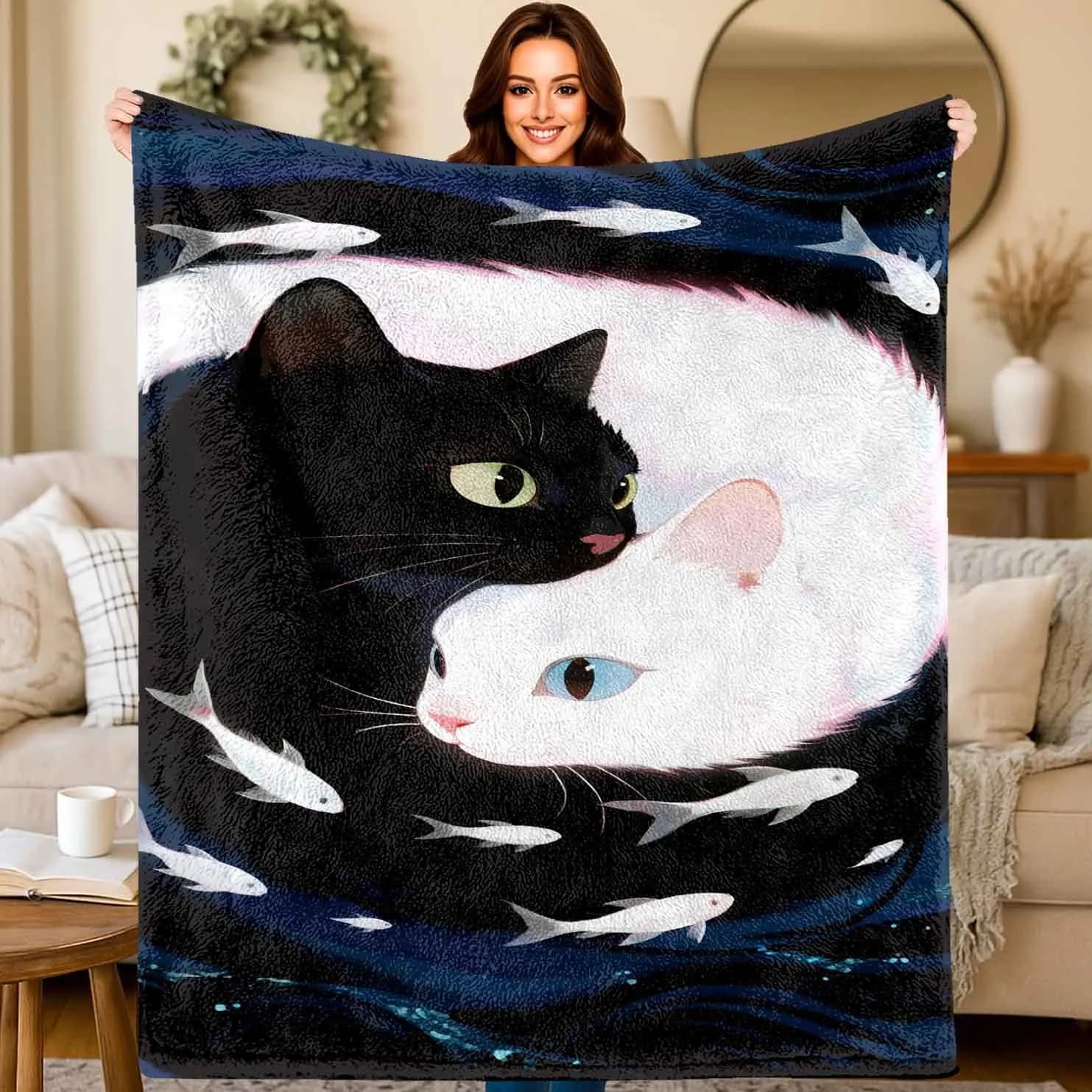 Tai Chi Cat-themed Pattern Flannel printed blanket suitable for all seasons suitable for living room office sofa and travel