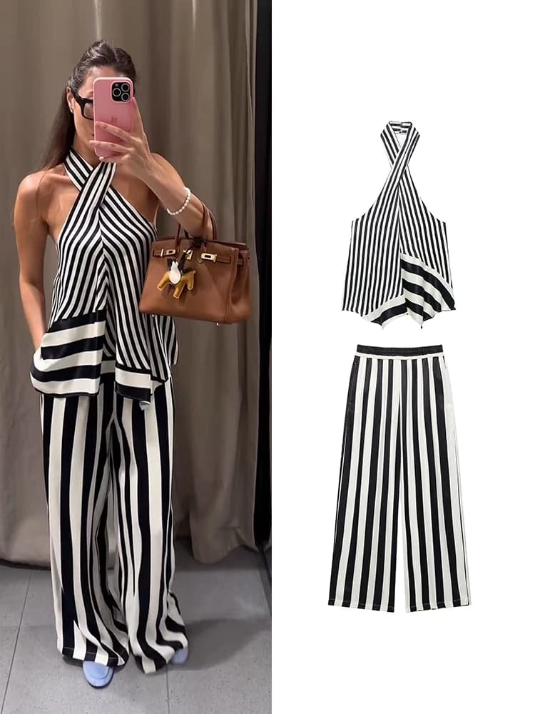 TFMLN 2026 Women's Stripe Halter Top Pant Set Sleeveless Backless Cross Neck Vest Wide Lag Pants Contrast Color Lady Suits