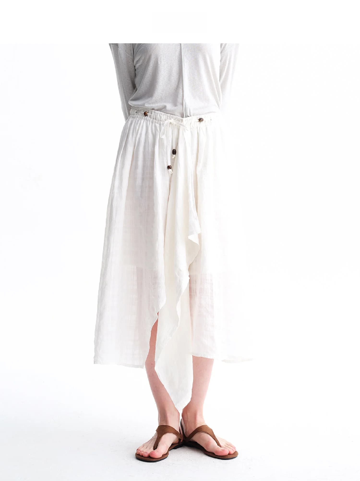 Linen Micro Translucent White Plaid Texture Drawstring Waist Irregular Half Skirt Casual Front Slit Loose Fit A-Line