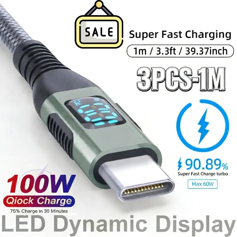 3 Pezzi Cavo USB C a USB C da 100W, Ricarica Rapida PD 5A per Display LED, Cavo Intrecciato in Nylon per iPhone 16 15 MacBook iPad