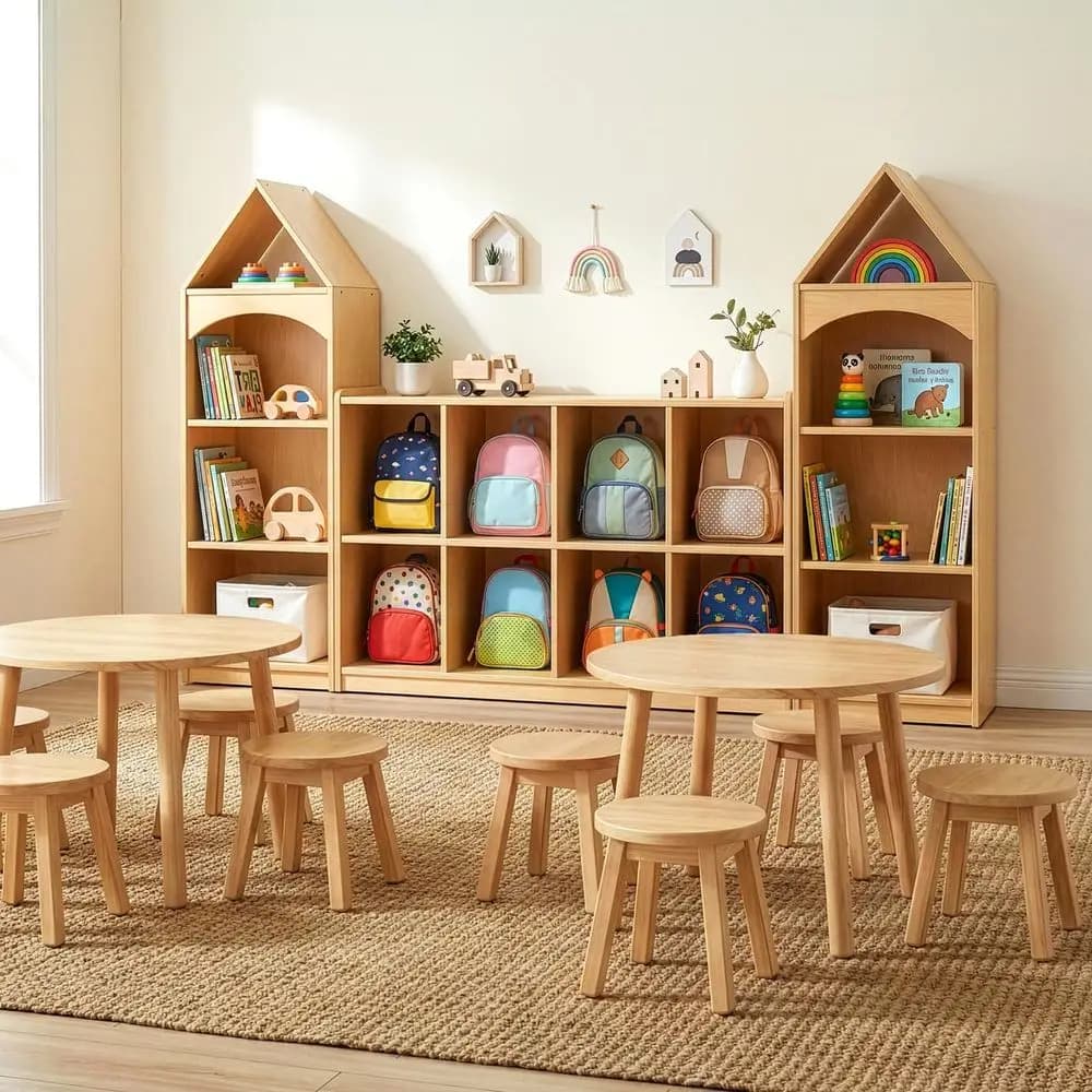 Armadio in Legno a 8 Scomparti per Zaini, Organizzatore per Giocattoli, Libreria per Aula, Sala Giochi, Asilo, Soggiorno
