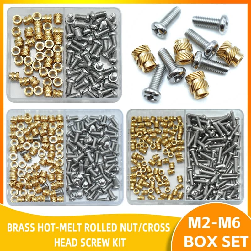 Dadi inserti filettati con set di calore in ottone/rame M2 M2.5 M3 M4 M5 M6 | Inserti termici per stampante 3D | Vite Phillips in acciaio inossidabile 304
