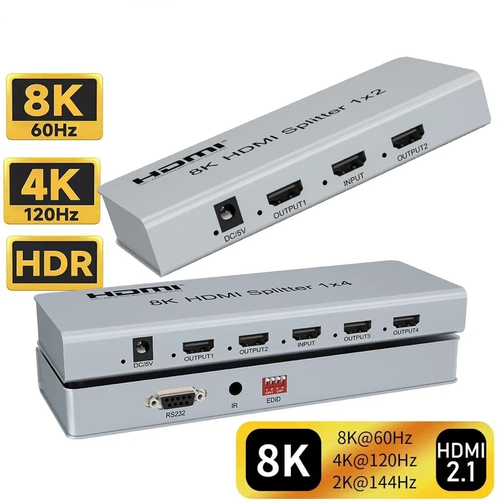8K HDMI 2.1 Splitter 1x2 1x4 8K @ 60Hz 4K @ 120Hz HDMI Video Splitter duplicatore 1 in 2 out HDR 48gbps per Xbox PS4 PS5 TV PC Laptop