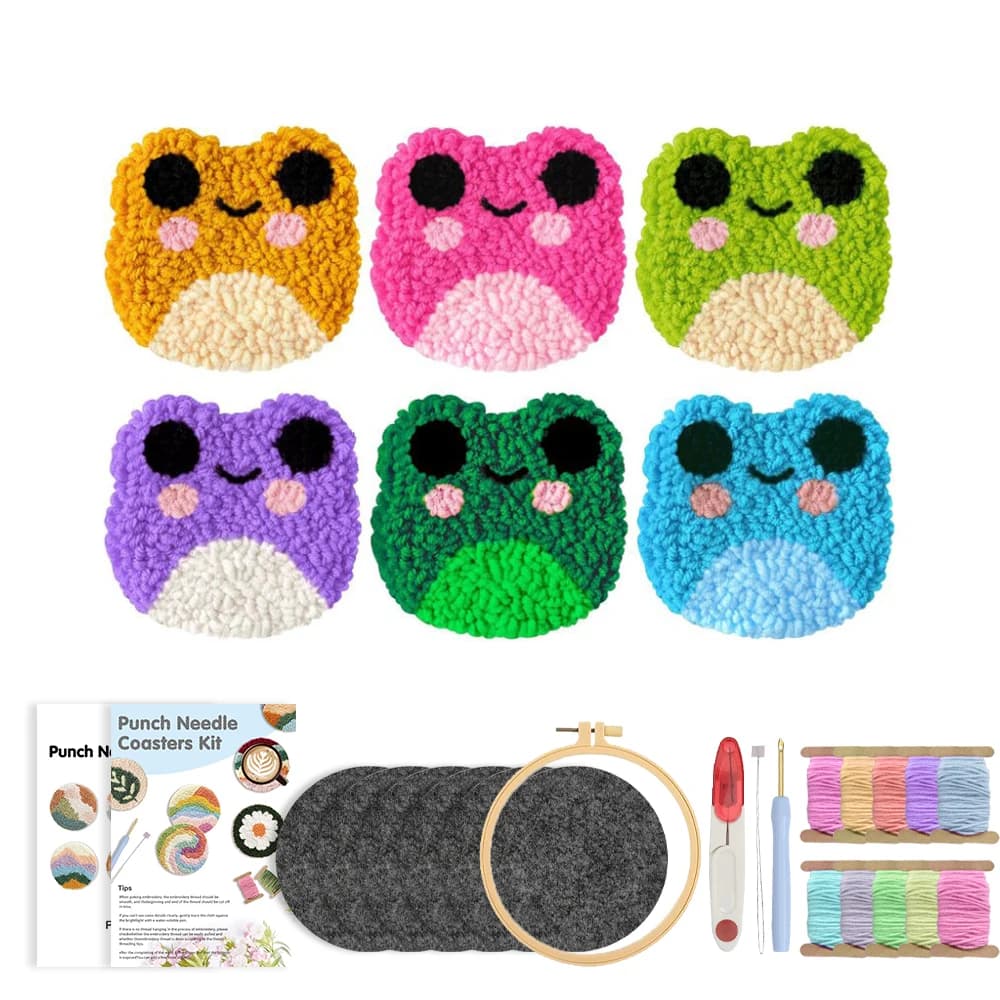 RUOPOTY 6pcs Punch Needle Coaster Colorful Frog Punch Needle Unique Gift Diy Craft Kits For Adults Animal Complete Punch Needle