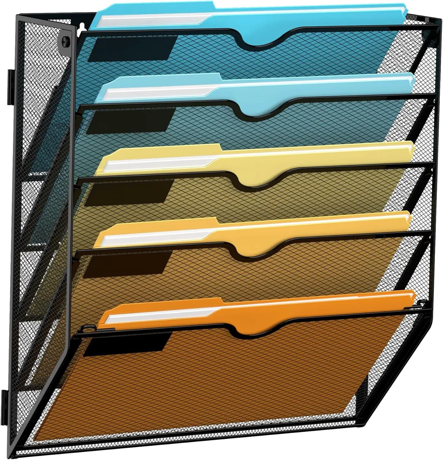 Organizzatore da parete a 5 livelli, porta documenti in rete metallica con slot per etichette, nero, per ufficio, casa, scuola