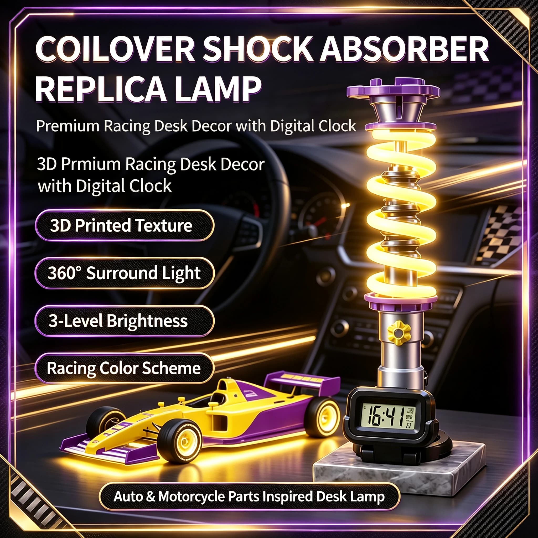 Auto & Motorcycle Parts | Luxury 3D Printed Coilover Shock Absorber Replica Lamp, Premium Racing Desk Decor with Digital Clock