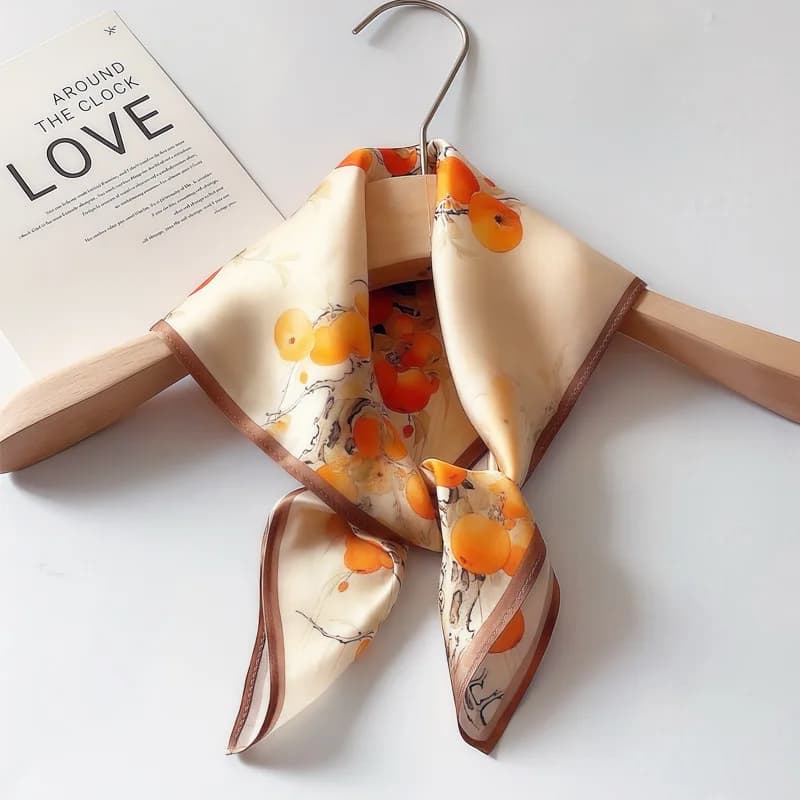 Women's silk scarf, square head band, small orange flower, wrapping accessories for neck, office, spring holidays, luxury