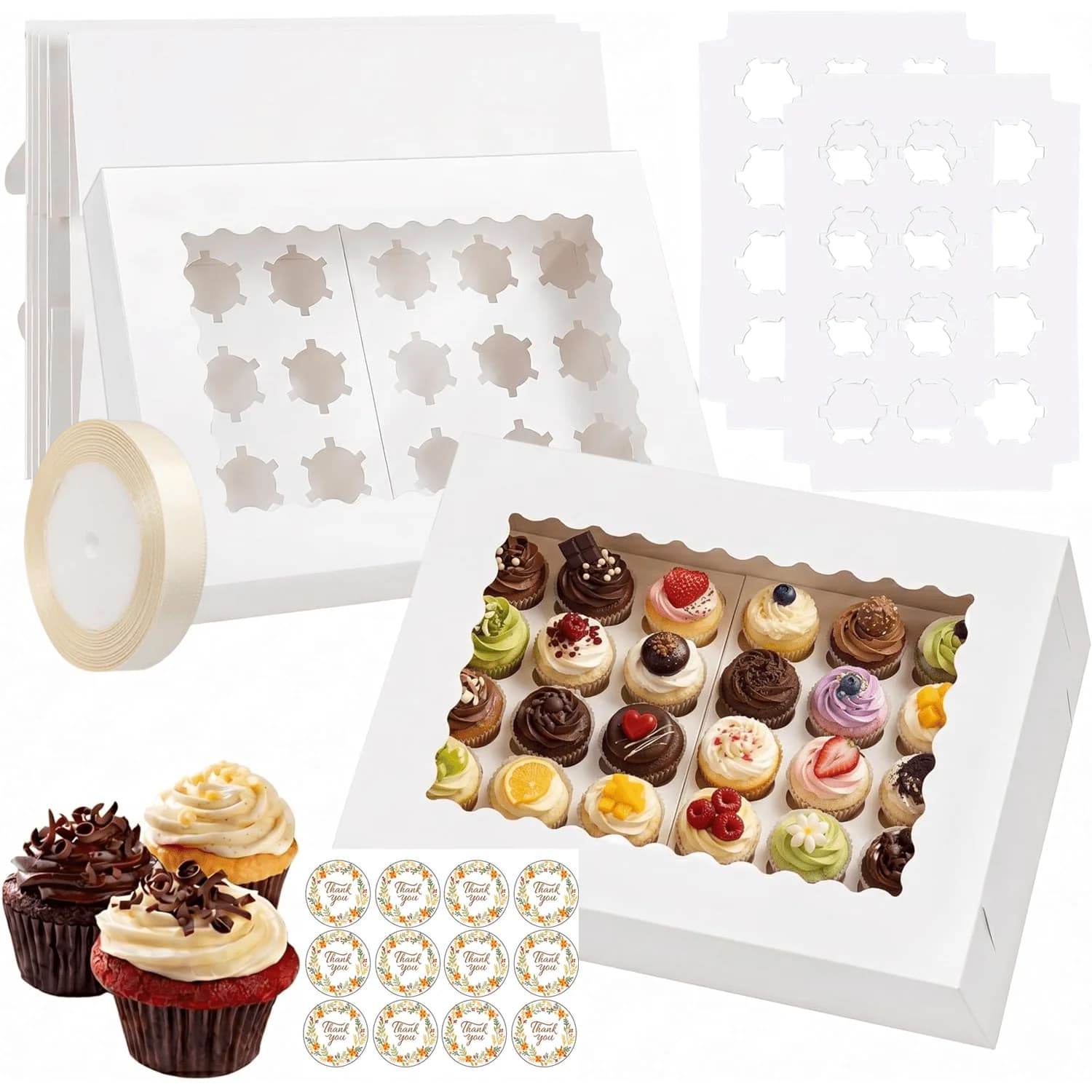 6 Pack Cupcake Boxes with Window Silk Ribbon and stickers, 24 Pcs Mini Cupcakes Container Corrugated White Bakery Boxes for Birthday Holiday Party Bakery Supplies(15x11x4 Inch)