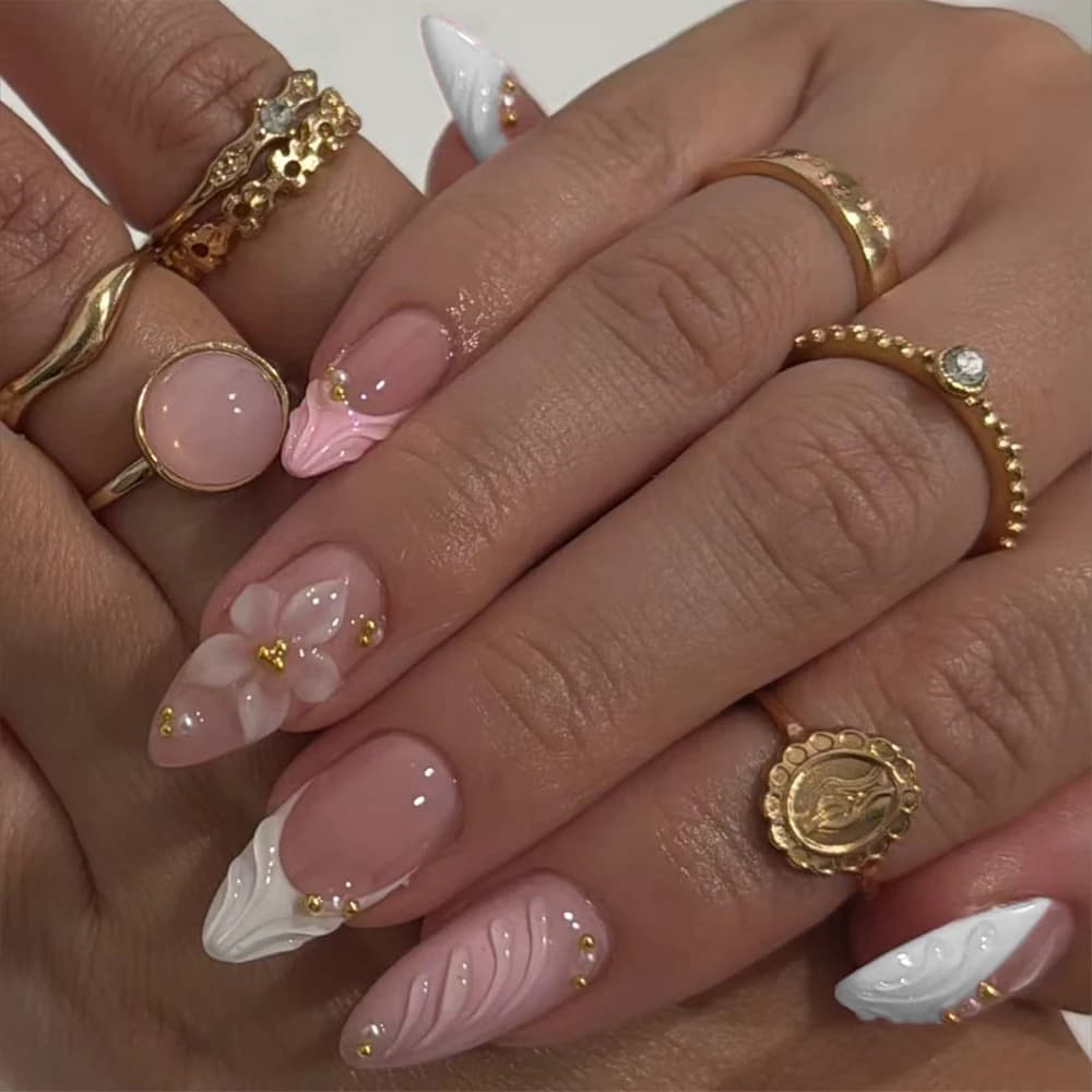 Improve your style with, 24 pieces/set Long almond flowers Pink and white French print on nail tips French acrylic fake nails, 3d gel