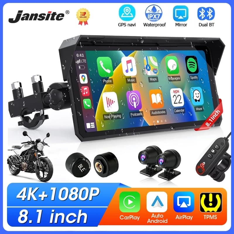 CarPlay Screen for Moto Jansite 8.1 Inch 4K, Dash Cam 4K, Android Auto Wireless, GPS Navigation Bluetooth, Waterproof Display IPX7