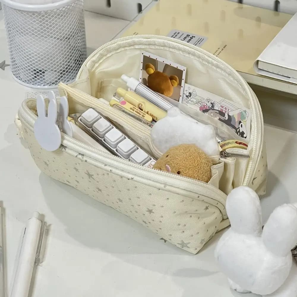Cute Yellow Pencil Case Star Print Shell-shape Pencil Pouch Large Capacity With Handle Stationery Bag School Office