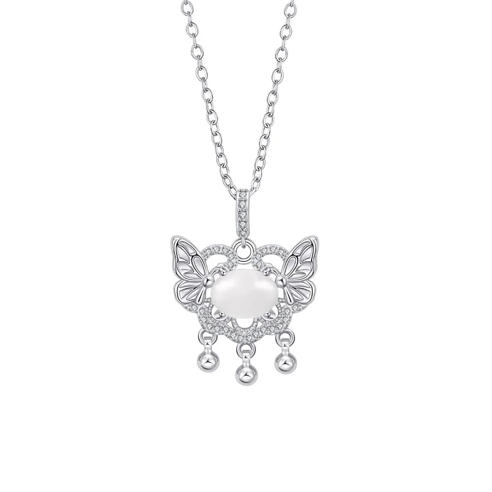 New Chinese-style 925 Sterling Silver Hollowed-out Butterfly Longevity Lock Bell Tassel Opal Pendant Necklace for Women Jewelry