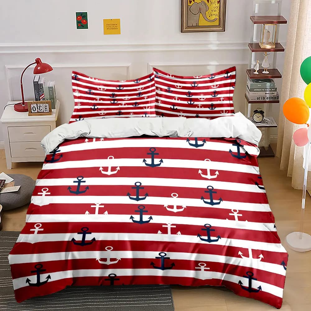 Set di Biancheria da Letto con Motivo Ancora Nautica e Righe, Include 1 Copripiumino e 2 Federe, Disponibile in Misure Singolo, Matrimoniale, King, Queen, Idea Regalo