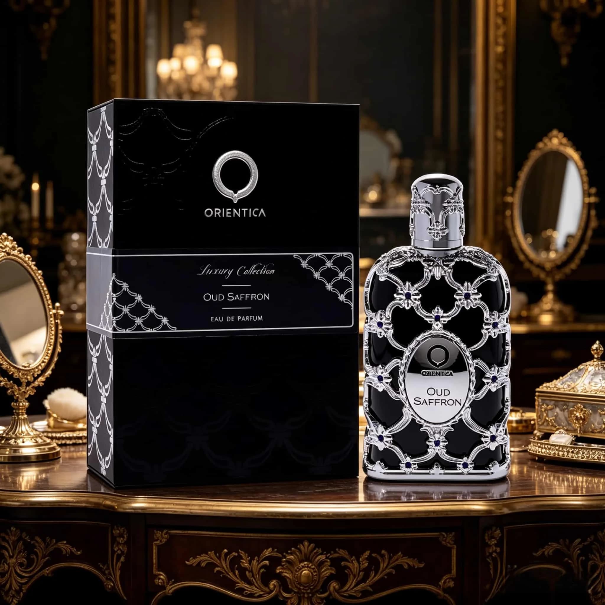 Orientica Oud Saffron EDP | Bottiglia in filigrana d'argento decorata, note ricche e speziate orientali, atmosfera opulenta