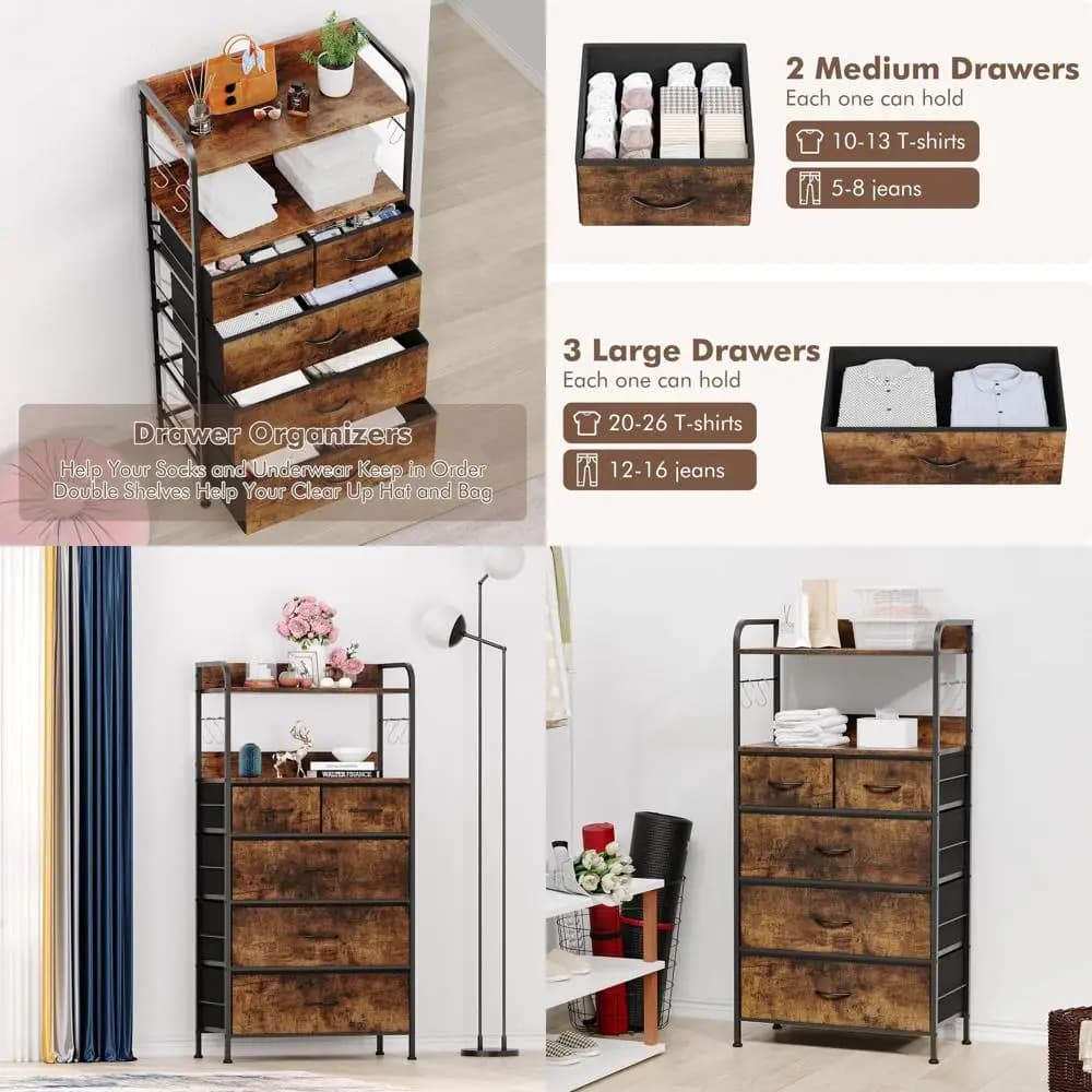 Cassettiera a 5 cassetti per camera da letto con tessuto, struttura in metallo, piano in legno e maniglie facili da usare