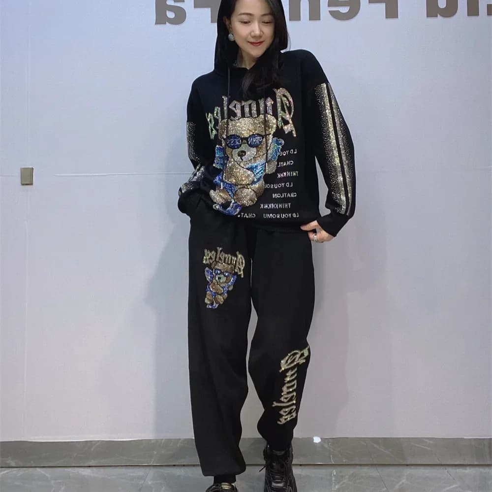 Cartoon Bear Letter Diamonds Women Sets with Long Pants Casual Knitting Tracksuit Hooded Tops Two Piece Sets Womens Outifits