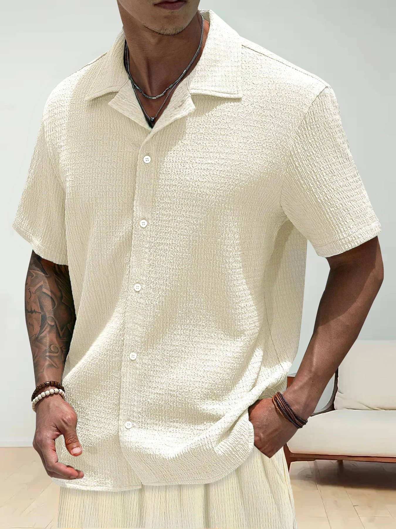 Men's summer suit, breathable shirt with buttons and straight leg shorts