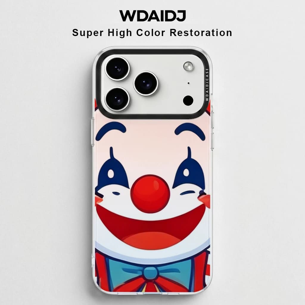 Custodia per telefono con stampa cartone animato clown simpatico e allegro per iPhone 16 15 14 13, trasparente, giocosa, antigraffio, morbida