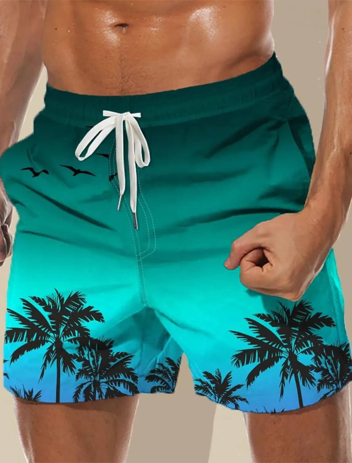 Costume da bagno da uomo in colore sfumato con albero di cocco, pantaloncini da surf, moda streetwear, pantaloncini con coulisse tascabile, intimo da uomo