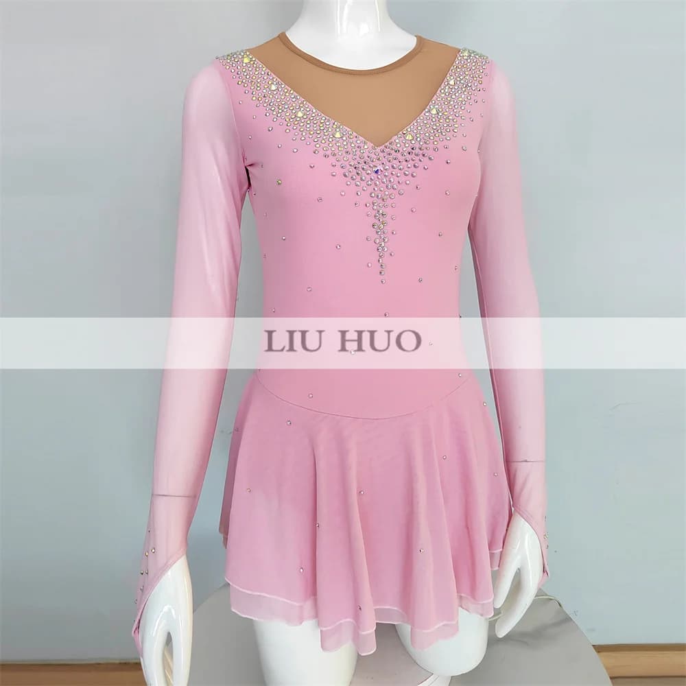 LIUHUO Pattinaggio di Figura sul Ghiaccio Vestito da Ballo Roller Donne Aldult Ragazza Adolescente Personalizza Costume Prestazioni Concorso Body Rosa Bambino