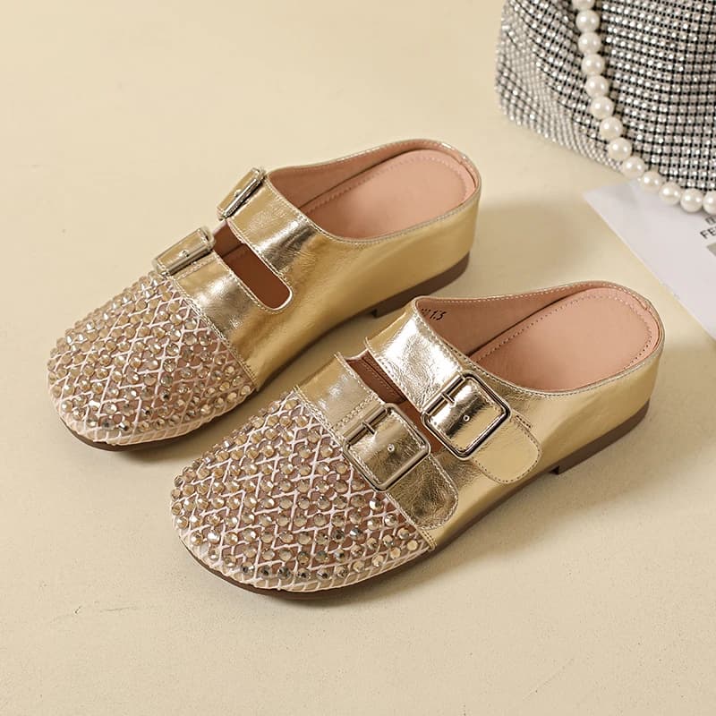 Women's French Silver Baotou Half Slippers Summer Outside Wear Hollow Woven Flat Bottom Lazy Sandals and Slippers
