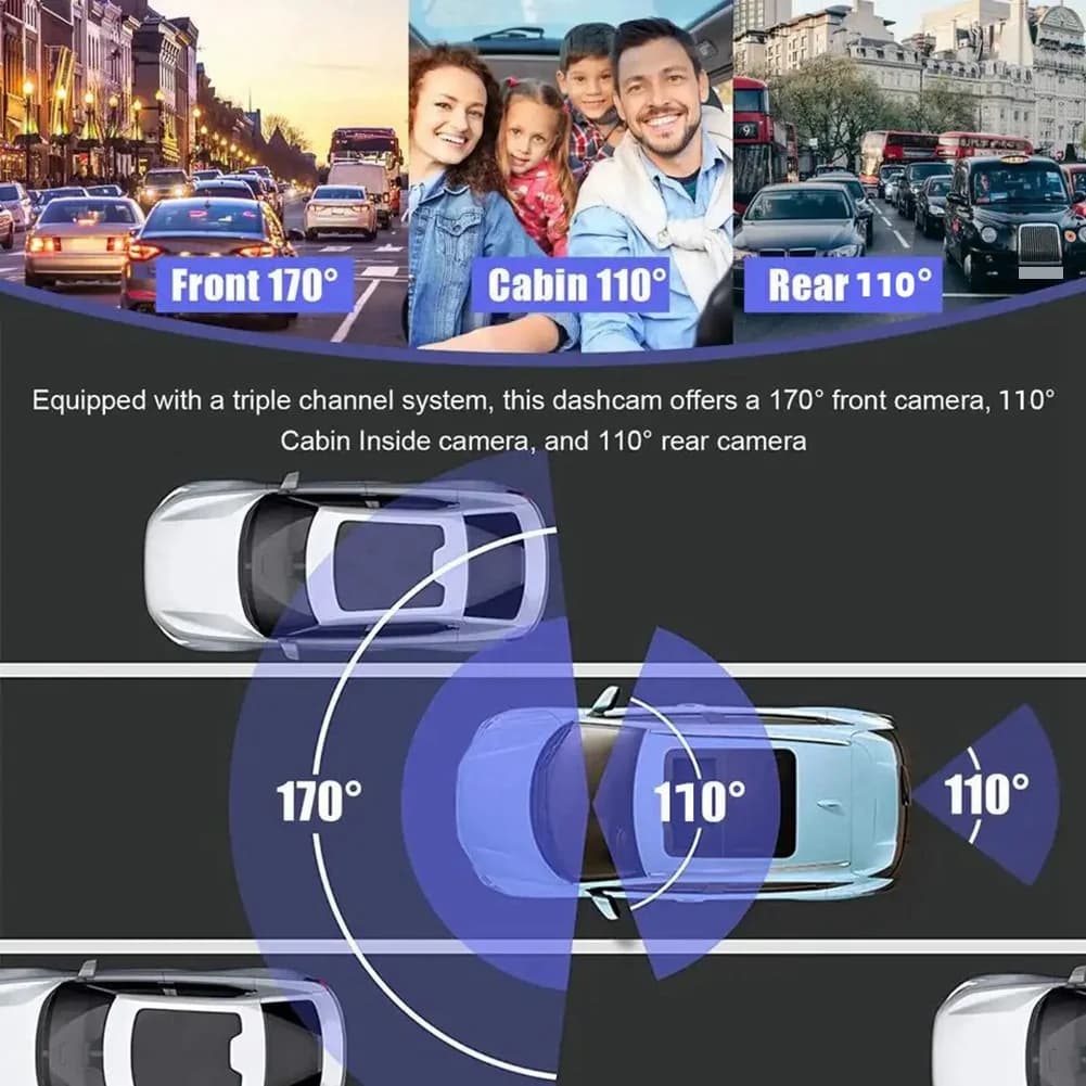 Dashcam a 3 telecamere 1080P con schermo da 3,16 pollici e Wi-Fi, registratore di guida per taxi, DVR per auto, telecamera posteriore universale