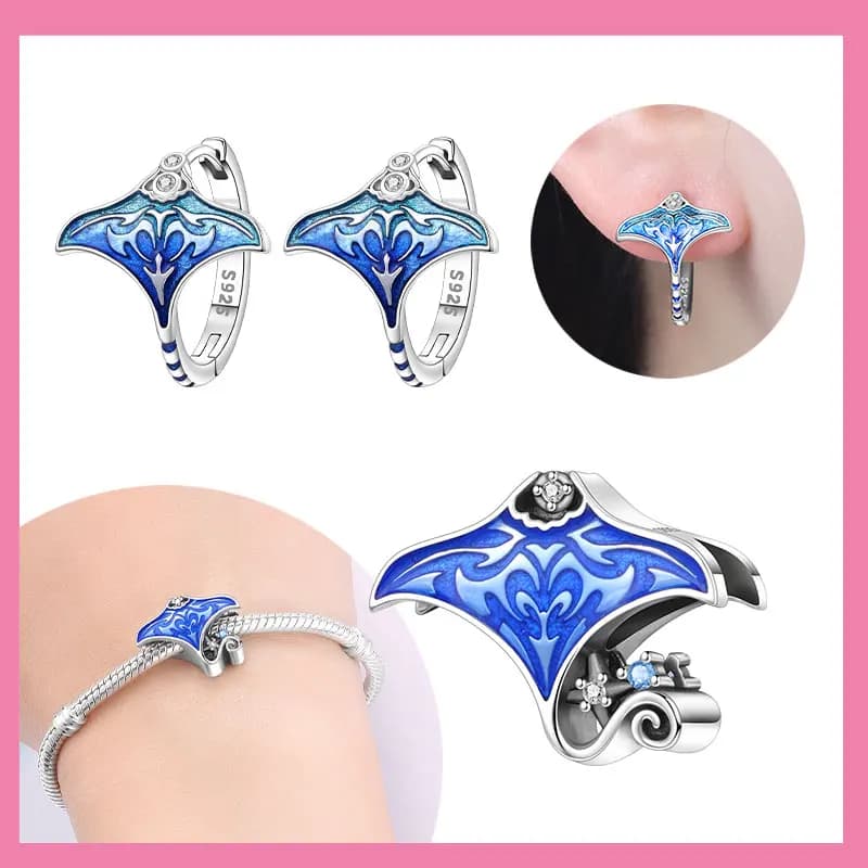 Set di gioielli con orecchini di perline in argento sterling 925 blu oceano mondo manta ray regalo di gioielli per anniversario di matrimonio per le donne