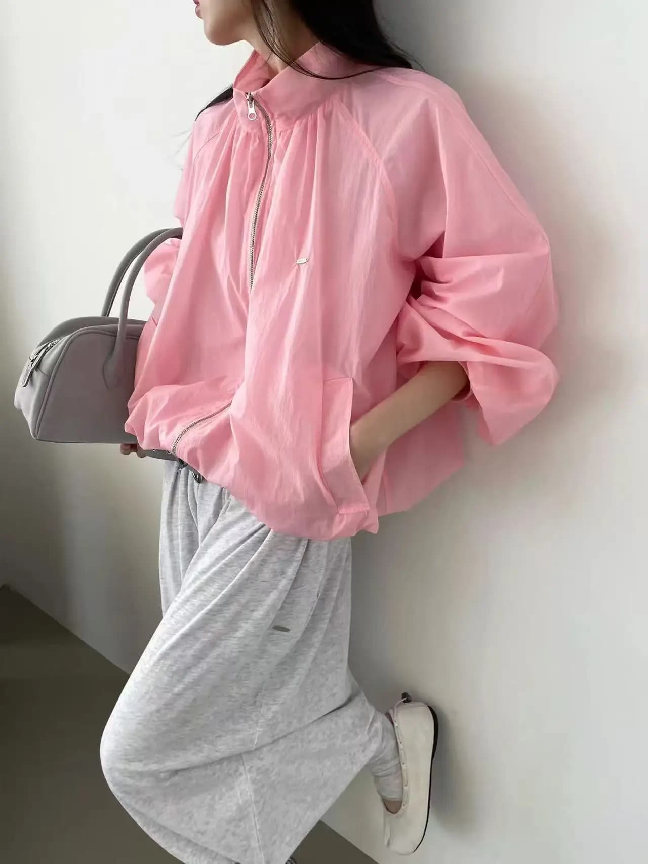 Casual Style Zipper Lightweight Lantern Sleeve Stand Collar Women's Summer Loose Fit Sun Protection Jacket Short Top