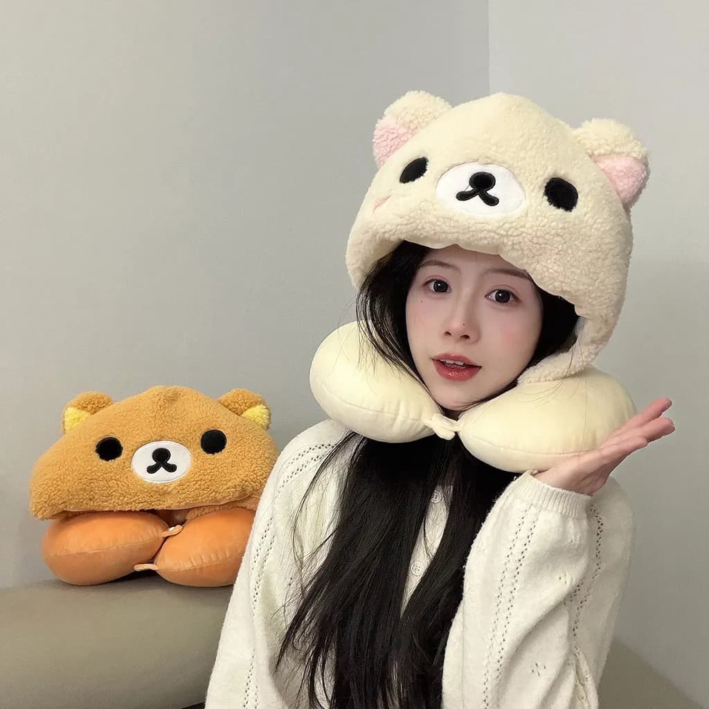 Adorabile Cuscino da Viaggio Rilakkuma con Cappuccio, Morbido Peluche a Forma di Orso, Cuscino a U per Viaggi, Ufficio, Riposini Caldi, per Ragazze, Bianco e Marrone