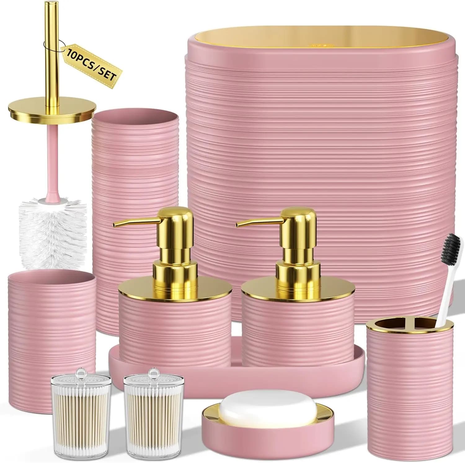 Set di accessori da bagno rosa e oro da 10 pezzi con cestino per rifiuti, dispenser per sapone - Decorazione elegante