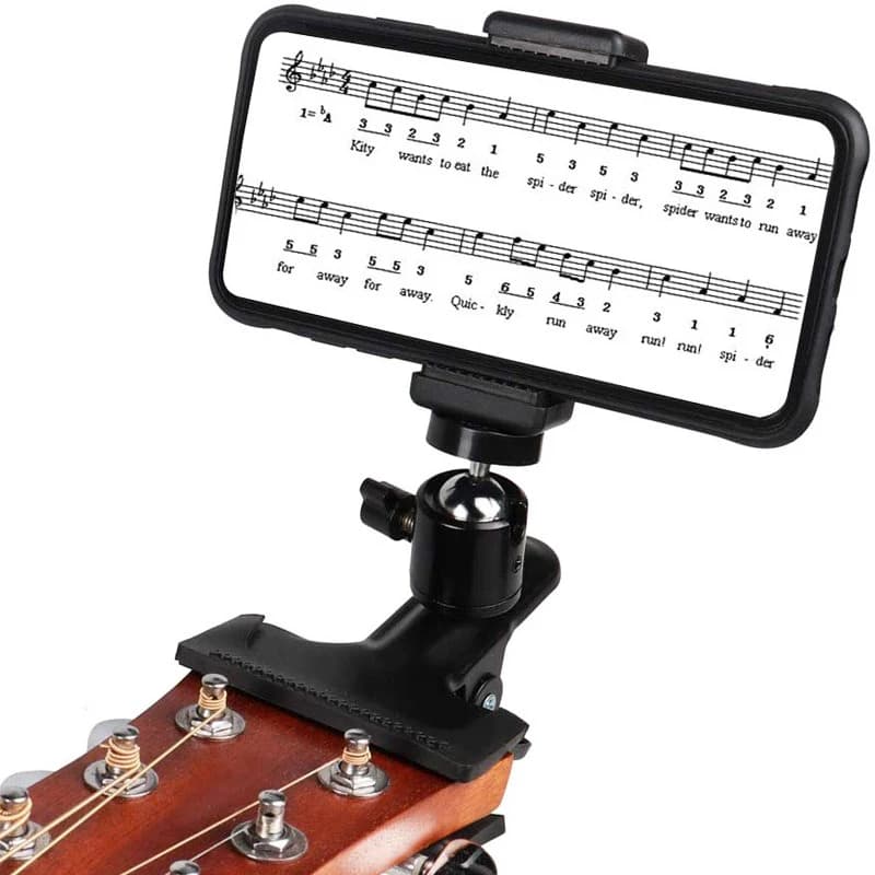 Supporto per telefono per chitarra girevole a 360 gradi Supporto per telefono per testa per chitarra per basso Morsetto per collo per chitarra adatto per larghezza di portata 5,5 cm-7,5 cm