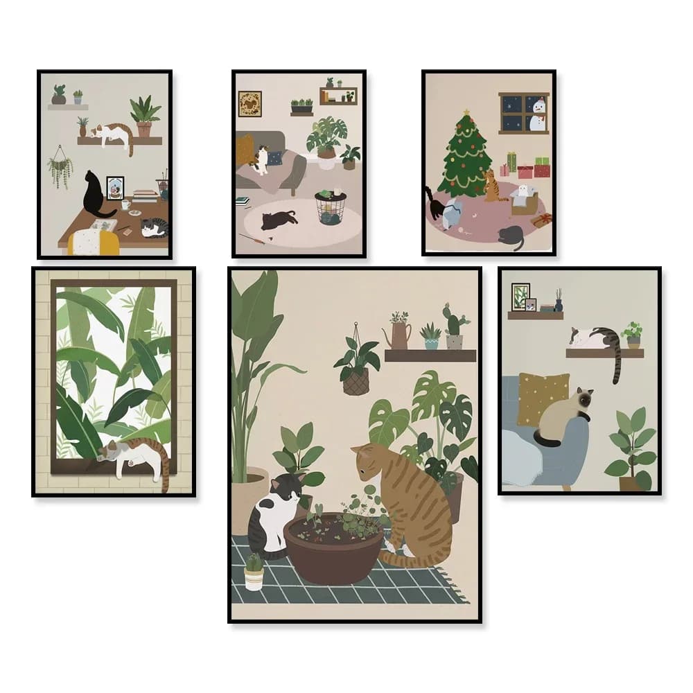 Cute cat poster, cat and plant, christmas tree and cat, cat in the kitchen, cat illustration, cat lover gift,
