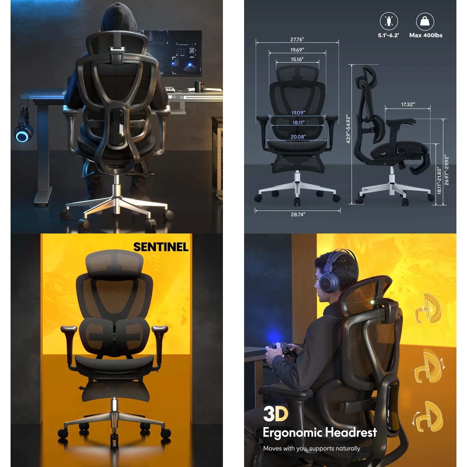 Sedia da Gaming Ergonomica con Supporto Lombare Adattivo, Braccioli 3D, Reclinabile a 120° ° Sedia da Ufficio con Schienale Alto in Rete, Personalizzabile