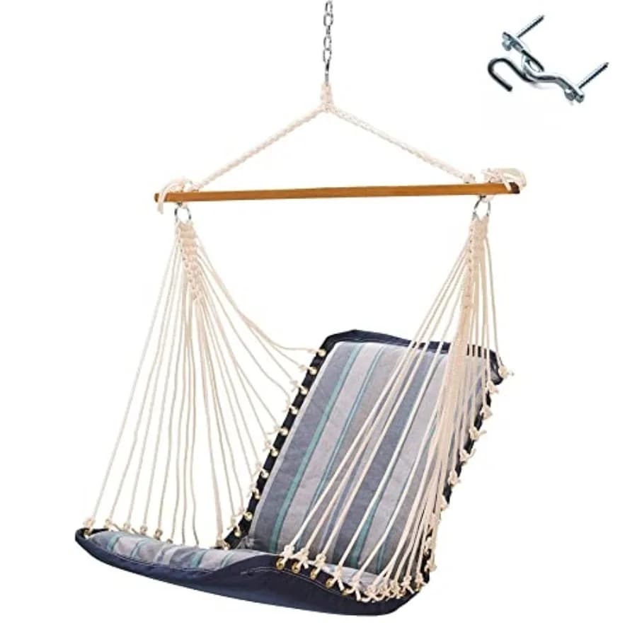 Sunbrella Cushioned Single Swing in Trusted Coast with Oak Spreader Bar, Handcrafted in The USA, 350 LB Weight Capacity