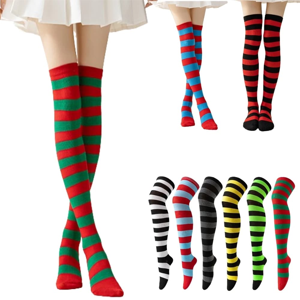 Calzini alti sopra il ginocchio a righe Calza alta da donna Multi-colore JK Soks caldi casual Calzini lunghi sottili sexy Calze a righe natalizie #
