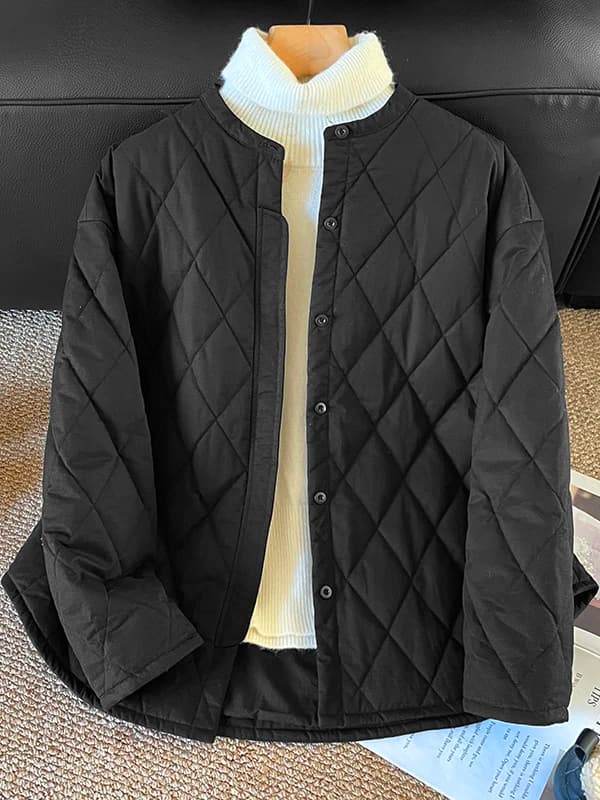Women's Casual Cotton Jacket Winter Thickened Diamond Patterned Quilted Coat Large Size Fashionable Versatile Long Sleeve Coat