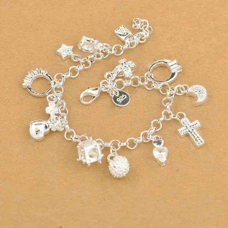 Sterling 925 Silver High Quality Bracelet with Moon Shape Pendants, Heart, Watch, Sick, Cube and Star, Jewelry for Women and Girls