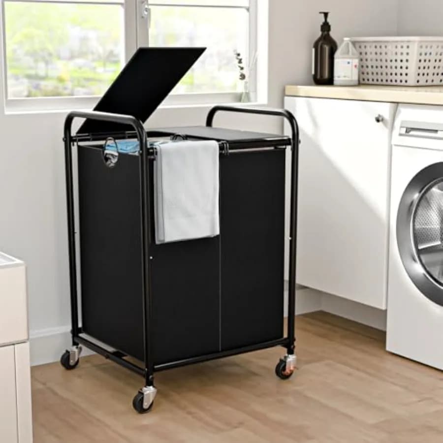 Cesto Portabiancheria da 120L con 2 Scomparti, Ruote Bloccabili e Coperchio, con 2 Sacchi Rimovibili Separati