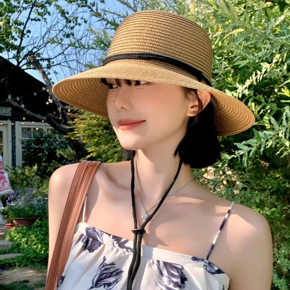 Vintage Summer Straw Bucket Hat Wide Brim Foldable Women's Straw Hat Sunscreen Beach Visor Cap Unisex