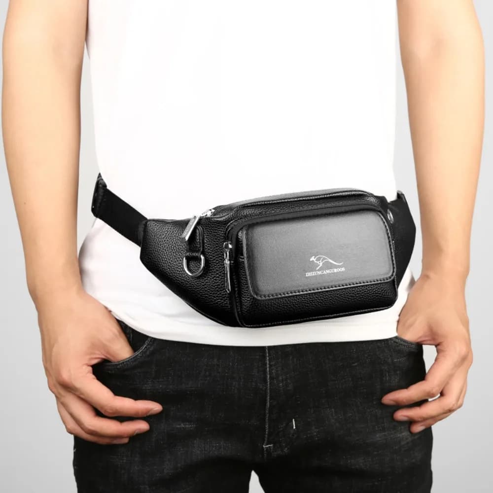 PU leather men's mobile phone waist bag, multi-pocket large capacity close-fitting chest bag, travel crossbody bag