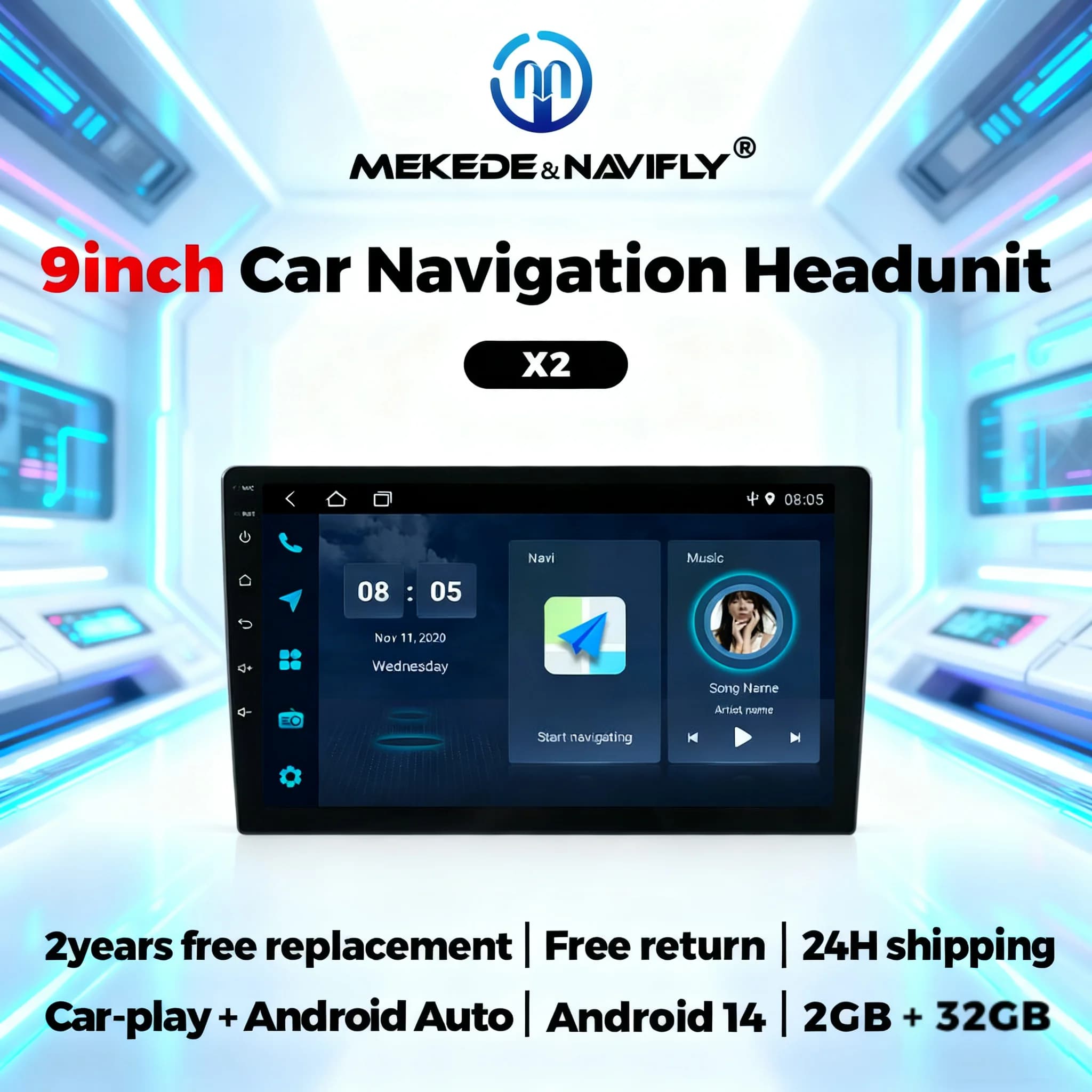 NaviFly 9 '' 2Din Main Unit Autoradio Wireless CarPlay Auto Android 14 Autoradio Universal Multimedia Video Player GPS Navigation