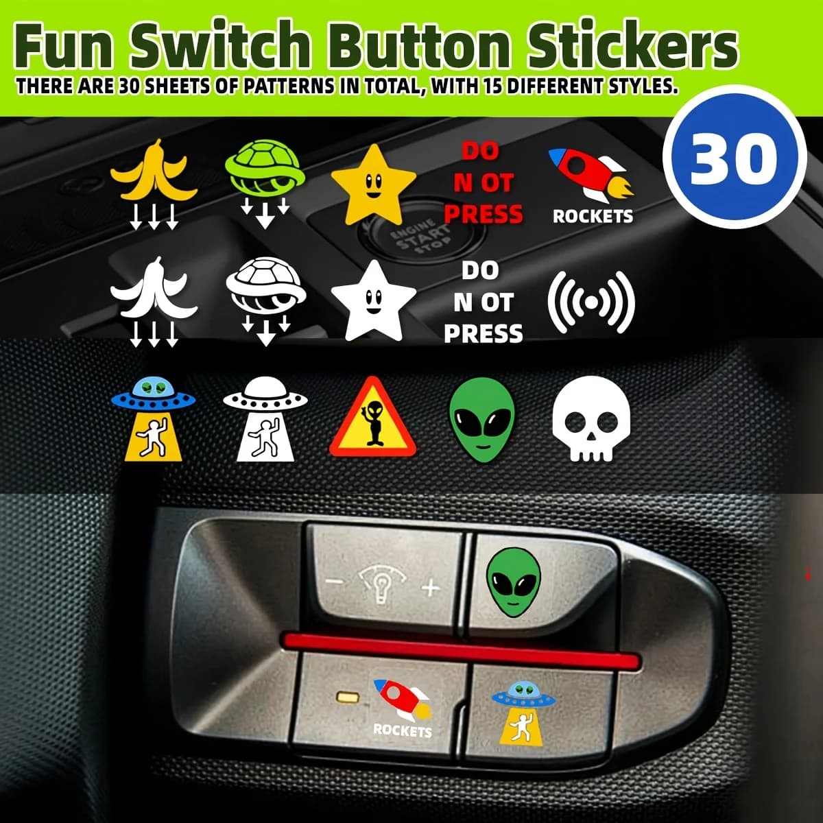 15Pcs Funny Car Button Stickers, Waterproof Creative Interior Decals