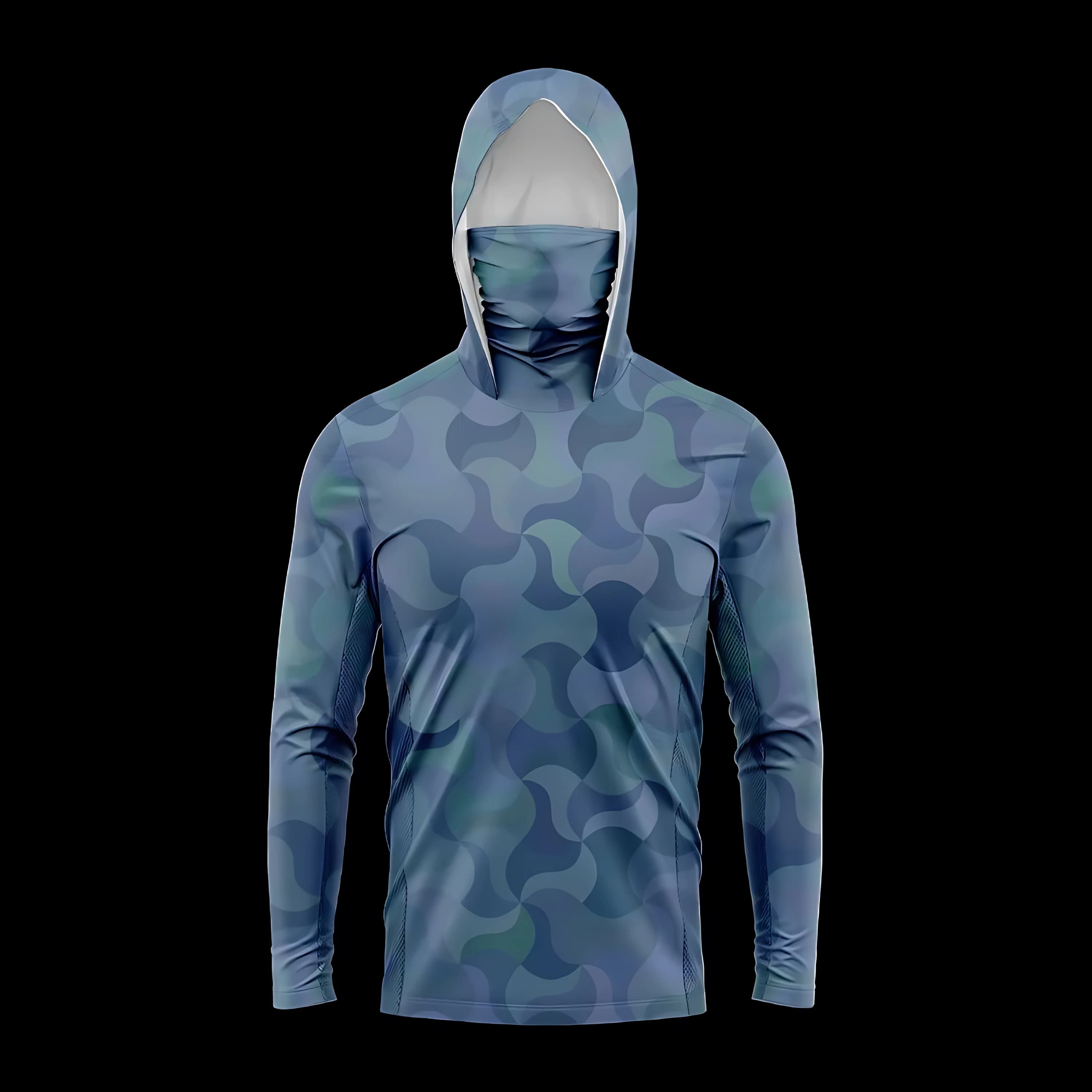 UPF50+ Sun‑Protective Men Fishing Hoodie Abstract Blue Camo Wave Print Face Gaiter Quick Dry Long Sleeve Outdoor Fishing Tee