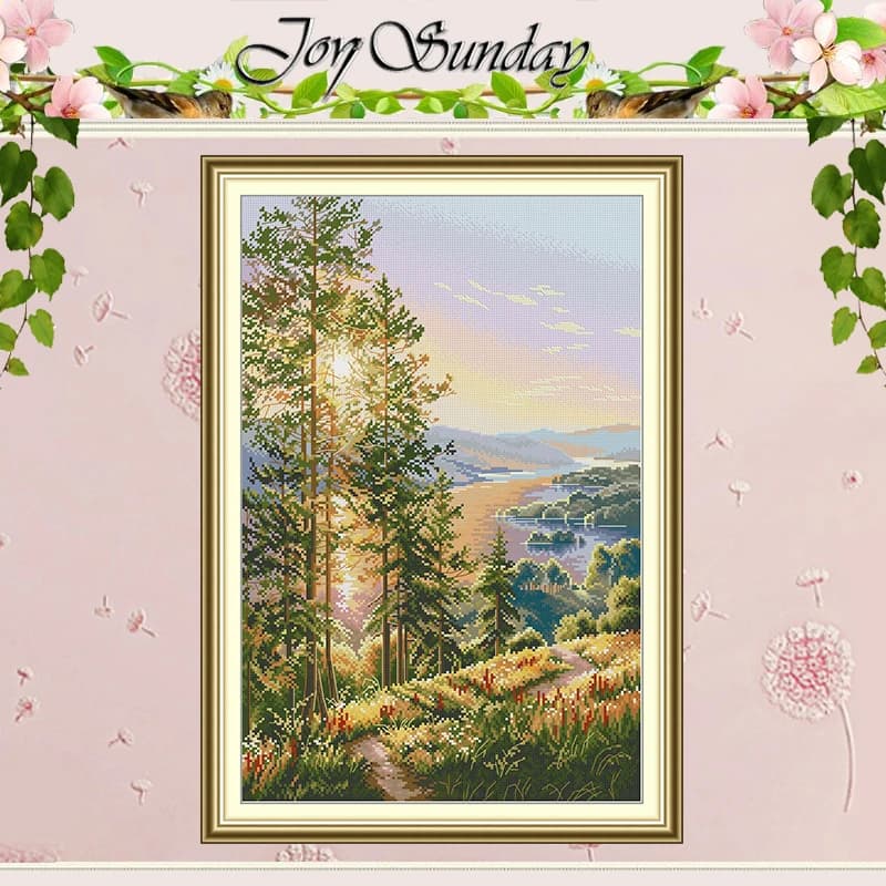Sunset in the Woods Patterns Counted DMC Cross Stitch Set DIY 11CT 14CT 16CT Stamped Cross-stitch Kit Embroidery Needlework