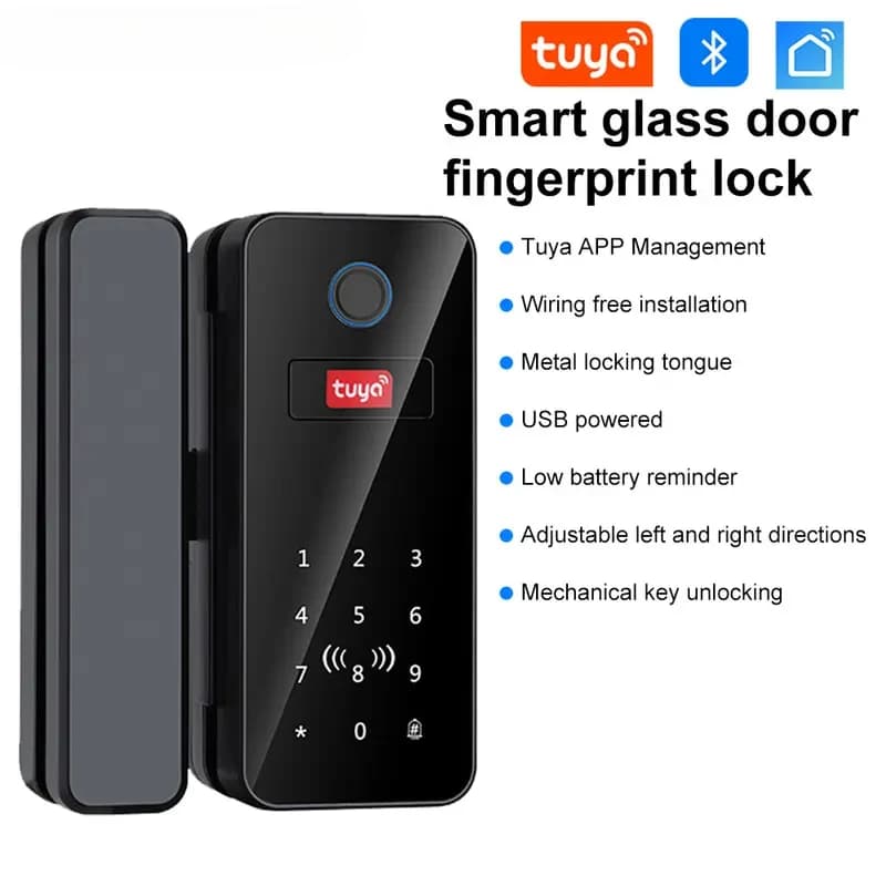 Tuya APP Porta in vetro Blocco impronte digitali Bluetooth Smart Biometrico Serratura elettronica 13,56 Mhz RFID Telecomando Sblocco senza chiave
