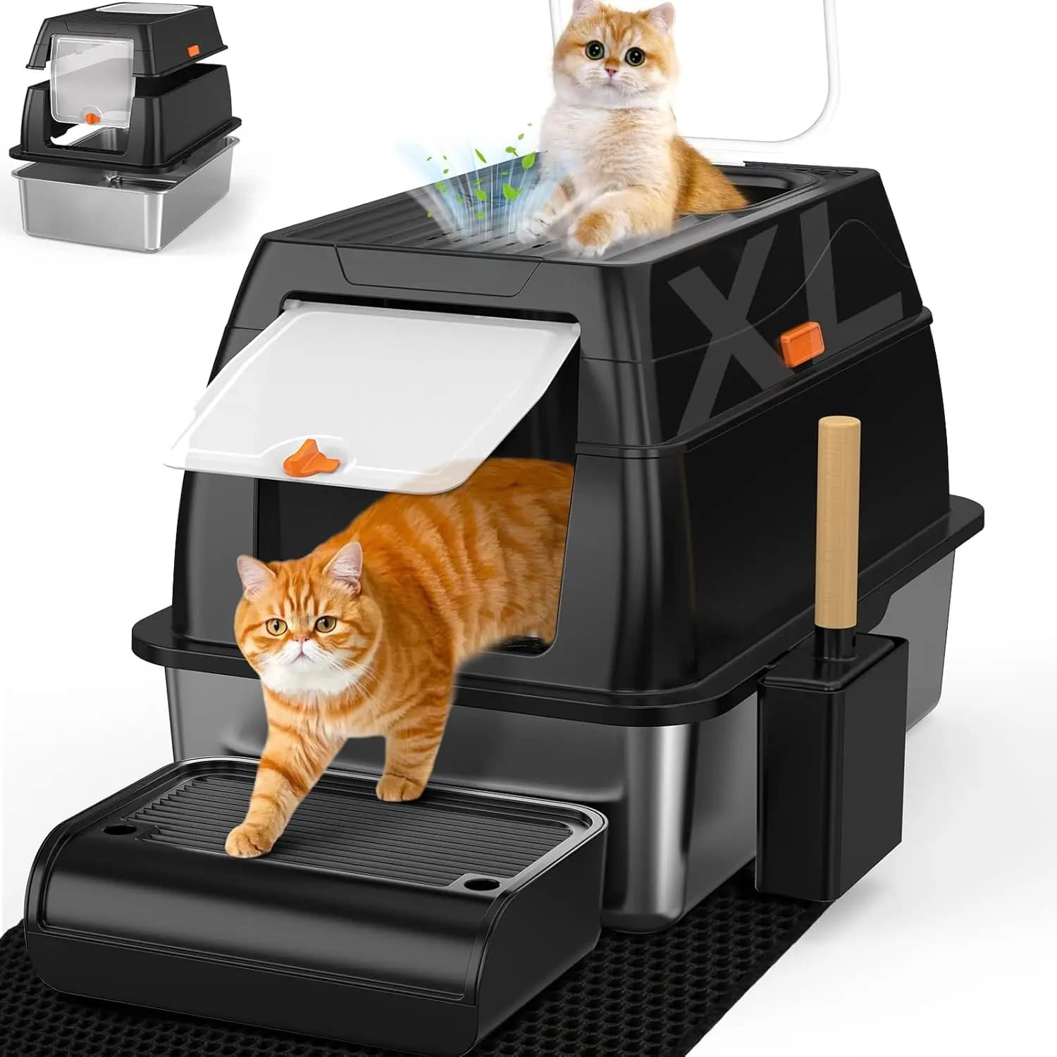 Lettiera per Gatti Extra Large in Acciaio Inossidabile con Coperchio, Controllo Odori, Include Paletta, Tappetino e Gradino - Nera