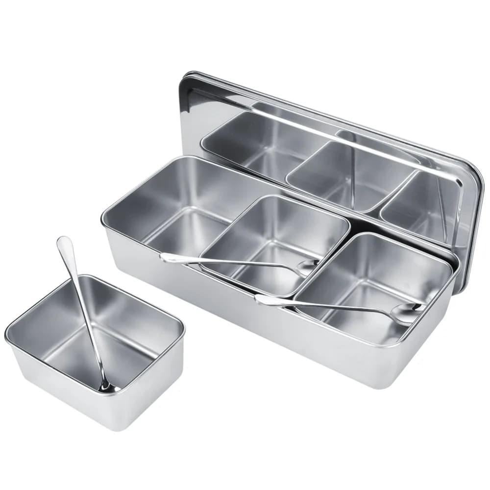 Stainless Steel Stainless Steel Seasoning Box 3 Compartment With Lids Seasoning Organizer Jar With Spoons Spice Container Set