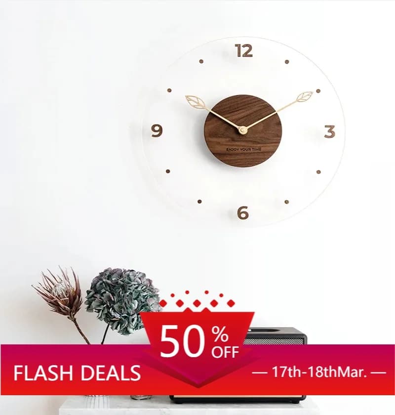 Simple Nordic Black Walnut Wooden Wall Clock Creative Solid Wooden Acrylic Glass Home Living Room Decorative Clock
