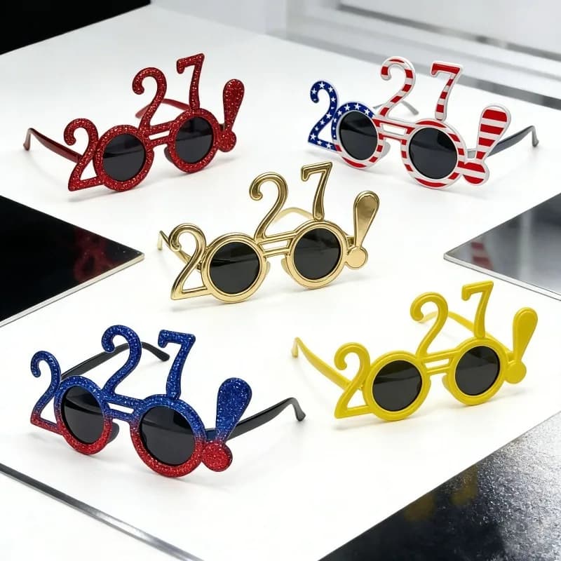 2027 digital party glasses, round frame sunglasses decorated with exclamation marks, US flag photo props, funny novelty shades
