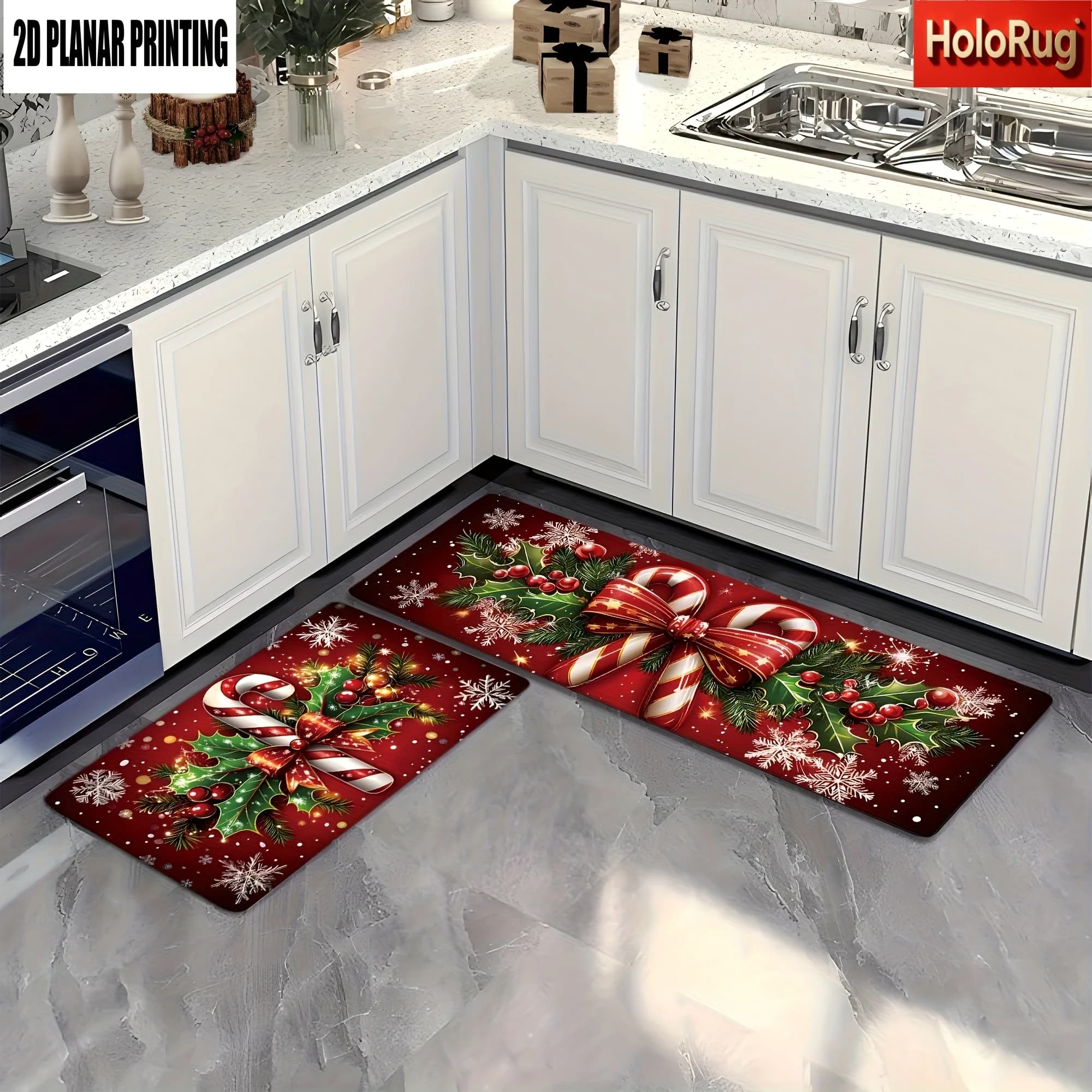 VIKAMA Merry Christmas Winter Decor Candy Cane Holly Snowflake Kitchen Rug Doormat Carpet For Living Room Bedroom Bathroom Mat